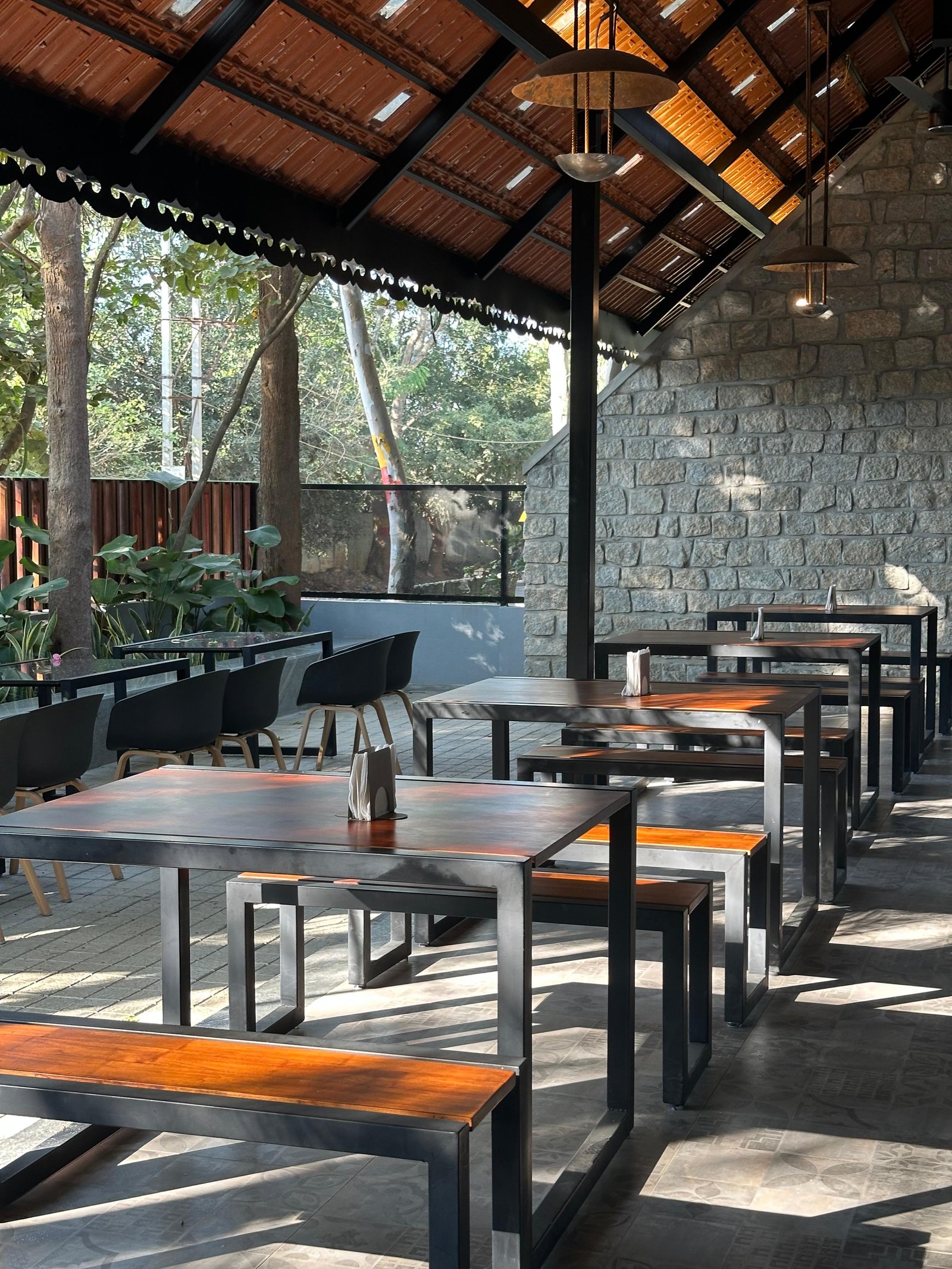 Stone wall and dining area
